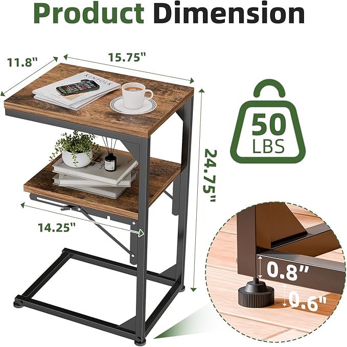 Simple Trending TV Tray Table, C Shaped End Table for Couch, Foldable Table with 2 Shelf Storage, for Sofa Bedside, Rustic Brown