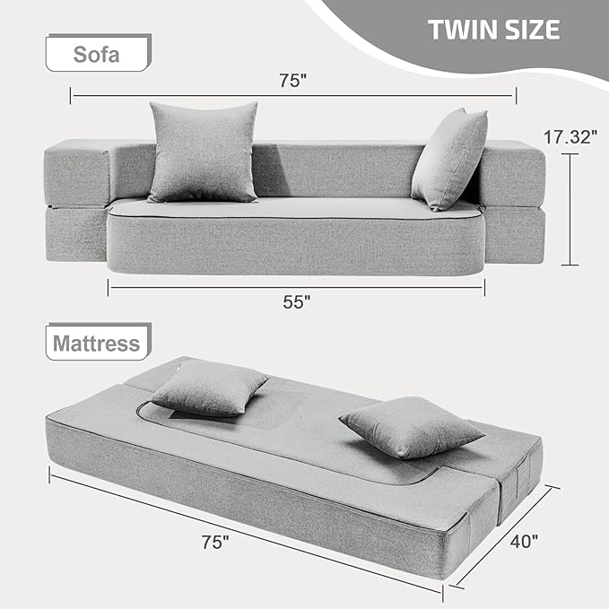 SUYOLS 2-in-1 Folding Sofa Bed with Pillows - Folding Chair Floor Couch & Sleeping Mattress - Washable Cover & Memory Foam Sleeper Chair for Living Room/Guest Room/Apartment/Loft, Light Gray, Twin