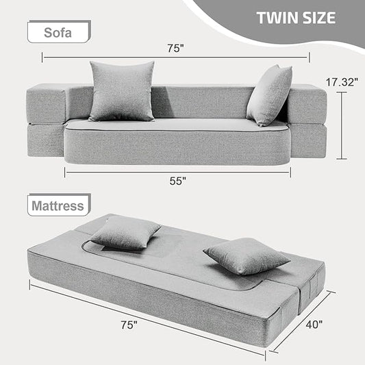 SUYOLS 2-in-1 Folding Sofa Bed with Pillows - Folding Chair Floor Couch & Sleeping Mattress - Washable Cover & Memory Foam Sleeper Chair for Living Room/Guest Room/Apartment/Loft, Light Gray, Twin