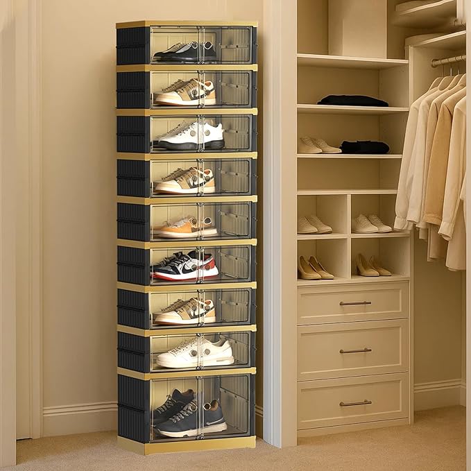 Portable Shoe Rack Organizer 9 Tiers 18 Pairs Collapsible Shoe Cabinet Foldable Shoe Storage Boxes Magnetic Doors, Folding Sneaker Organizer, Easy Assembly Shoe Shelf for Closet, Black Gold