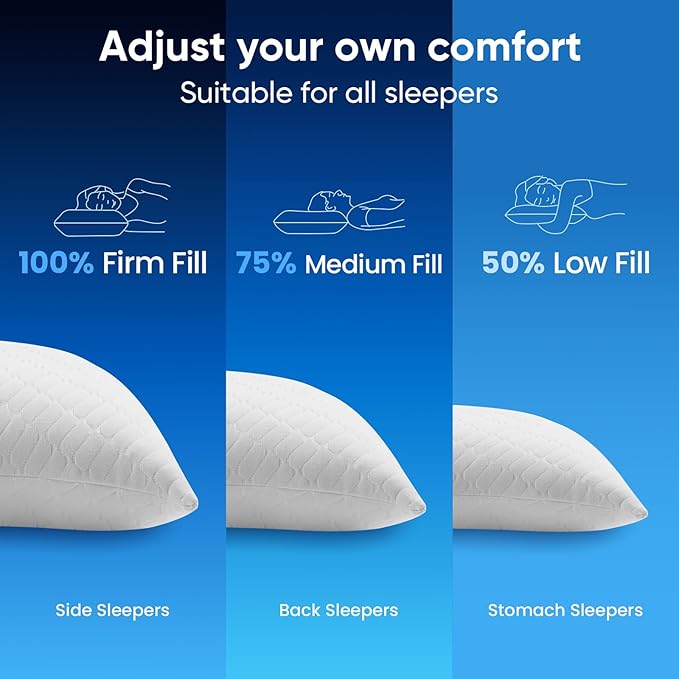 TWK Original Adjustable Bed Pillow for Sleeping, Good for Side, Back & Stomach Sleeper with Washable Removable Cover, Additional Foam Fill Included（(White, Queen Size (1 Pack))）