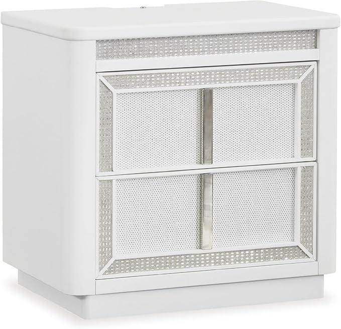 Signature Design by Ashley Chalanna Glam 2 Drawer Nightstand with Felt-Lined Top Drawer, LED Lights, Power Supply and USB Ports, 26.75" Tall, White