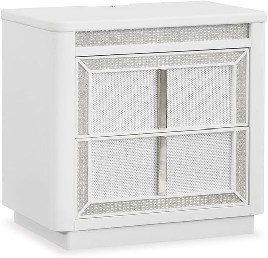 Signature Design by Ashley Chalanna Glam 2 Drawer Nightstand with Felt-Lined Top Drawer, LED Lights, Power Supply and USB Ports, 26.75" Tall, White
