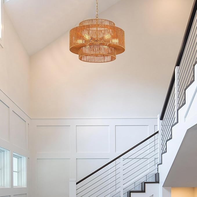 23.6" Rattan Chandelier Light Fixture Vintage 6-Lights Boho Hand-Woven Bamboo Chandeliers Retro Farmhouse 3-Tier Drum Wicker Rattan Golden Chandelier for Dining Room, Kitchen, Living Room