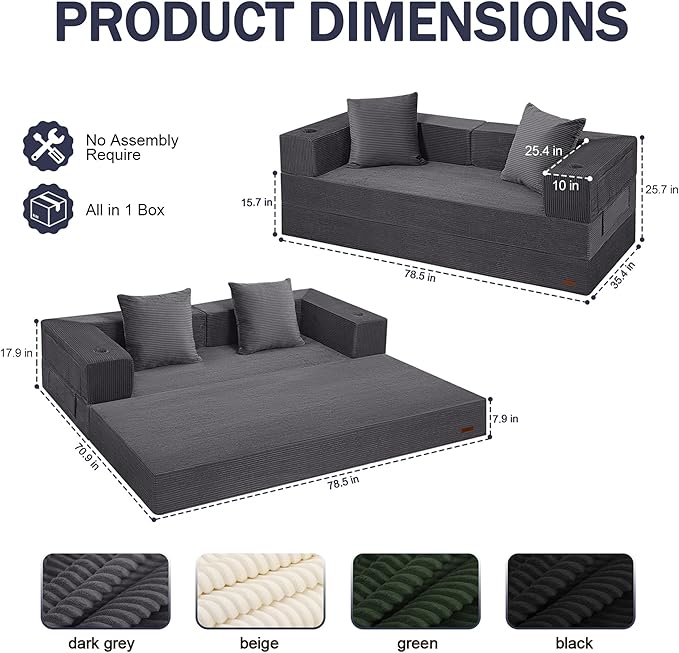 COMAX Boneless Couch, Futon Sofa Bed Couches Versatile Queen for Living Room, 79" 4 in 1 Convertible Sleeper Corduroy Couch Foam in a Box, Foldable Fold Out Floor Mattress No Assembly Required, Grey