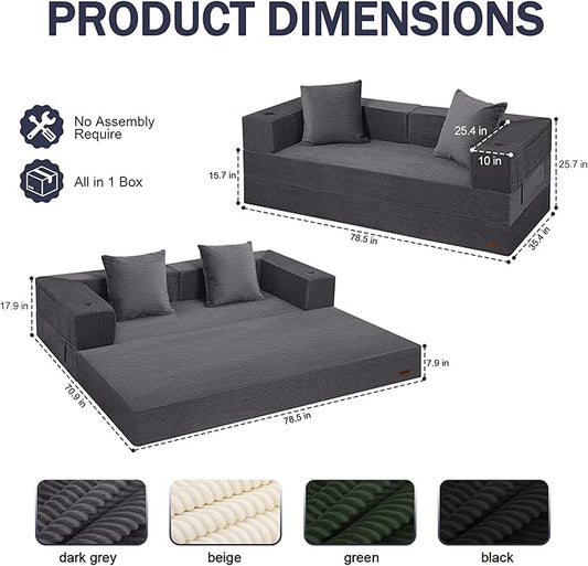 COMAX Boneless Couch, Futon Sofa Bed Couches Versatile Queen for Living Room, 79" 4 in 1 Convertible Sleeper Corduroy Couch Foam in a Box, Foldable Fold Out Floor Mattress No Assembly Required, Grey