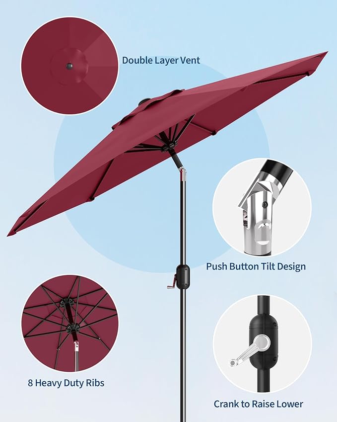 GarveeLife Outdoor Patio Umbrella, Table Market Umbrella with Push Button Tilt and Crank, 8 Sturdy Ribs UV Protection Waterproof for Garden, Deck, Backyard, Pool