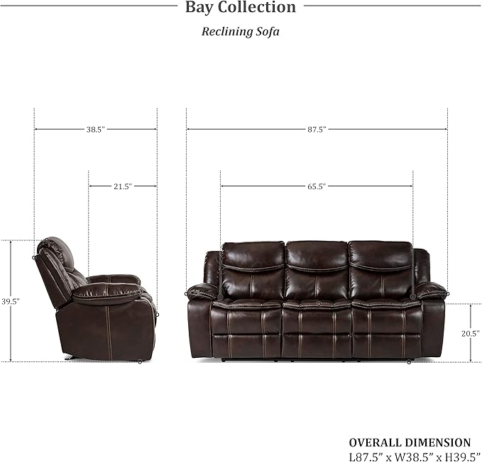Lexicon Bay Manual Reclining Living Room Sofa Set, 2-Piece, Dark Brown