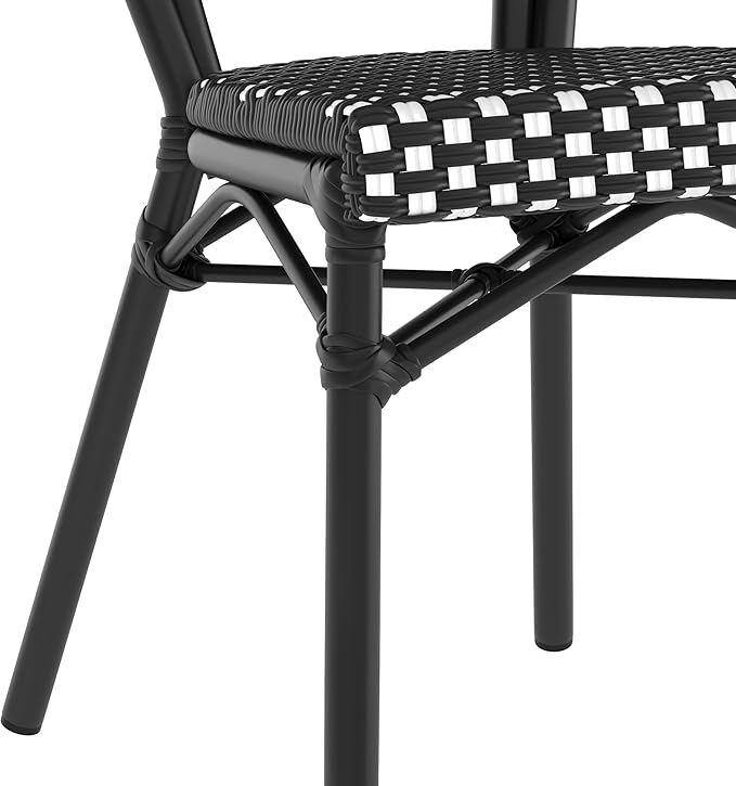 Flash Furniture Lourdes Indoor/Outdoor Commercial Thonet Bistro Stack Chair - Black/White PE Rattan Back and Seat - Black Metal Frame - Set of 4