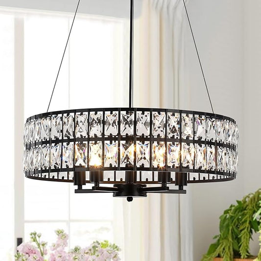 20" Black Crystal Chandelier, 5-Light Modern Dining Room Light Fixture Over Table Adjustable Height Hanging Industrial Pendant Lights Kitchen Island,Living Room Bedroom Entryway Foyer