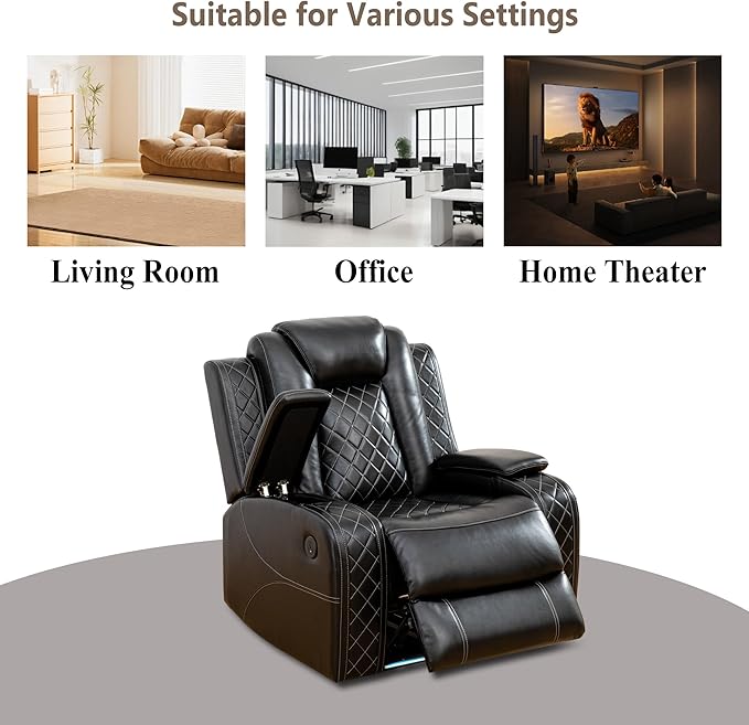 Power Recliner Sofa Set, Breathing Leather Reclining Couch Set, Leather Loveseat and 2 Recliner Chairs Set with LED Lights/Charging Ports/Storage for Home/Office (Black, Loveseat+2 Chairs)