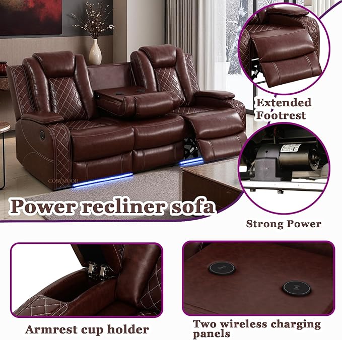 Power Recliner Sectional Sofa Set with LED, Luxury Breathing Leather Reclining Corner Couch Set, 9 Seat L-Shaped Sofa Couch Set with 3 Seats Sofa, Cup Holders/Storage for Living Room