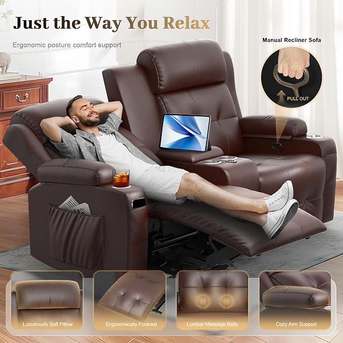 Reclining Loveseat, Massage Loveseat Recliner Sofa Heavy Weight Capacity, RV Love Seat Chair Clearance with Console, USB, Type C Port, Storage, Cup Holders, Wall Hugger Couch for Living Room