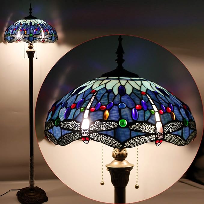 WERFACTORY Tiffany Floor Lamp Dragonfly Blue Stained Glass Standing Reading Light 16X16X64 Inches Antique Pole Corner Lamp Decor Bedroom Living Room Home Office S004 Series (B)
