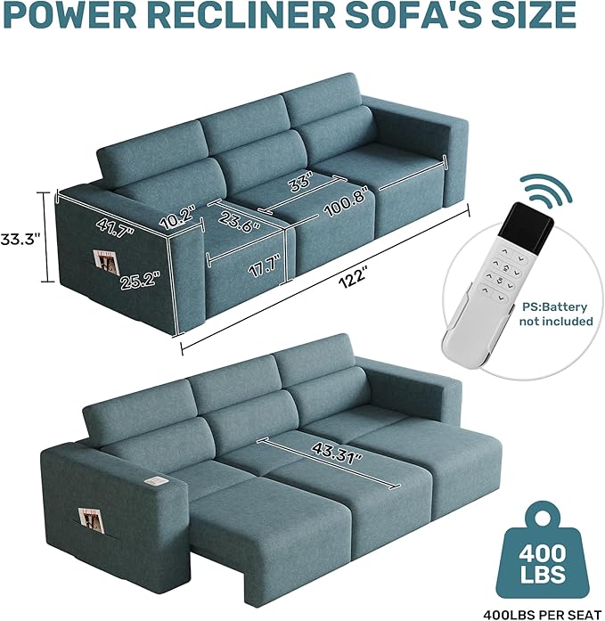 122” Electric Pull Out Sleeper Sofa Bed, 3-Seat Recliner Sofa Modular Couch with Bluetooth Stereo, Wireless Charging, Side Pocket, Power Recliner Couch for Living Room, Home Theater, Apartment(Blue)
