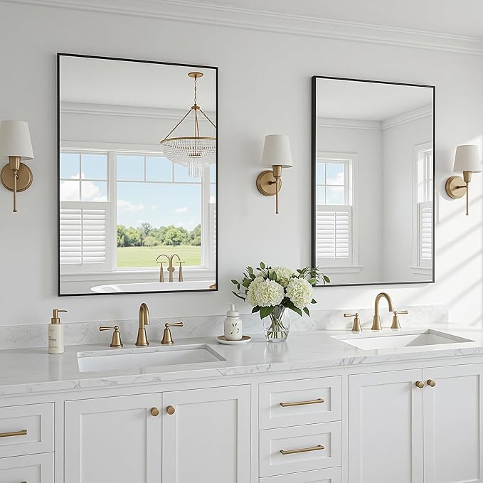 Bathroom Mirrors for Over Sink 24" x 32", Black Metal Frame Rectangle Wall Mirror, Modern Farmhouse Vanity Mirror(Horizontal/Vertical)