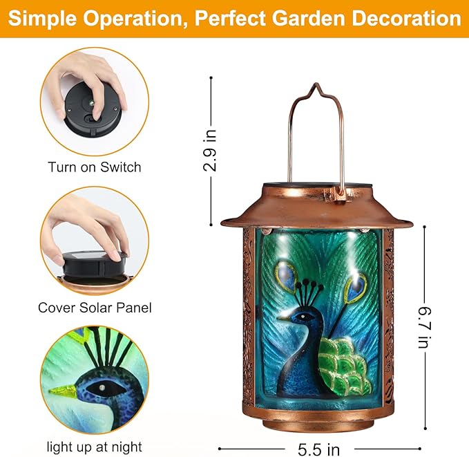 Peacock Solar Lanterns Outdoor Waterproof,Birthday Gifts for Women Mom Grandma Garden Decor,Hanging Solar Lights Wall Mount Decorations for Yard,Front Porch,Patio,Lawn Pathway Landscape