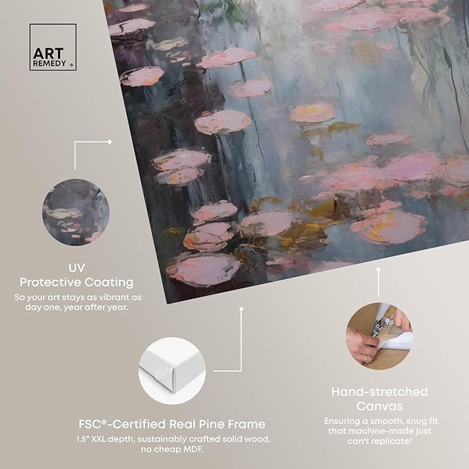 Art Remedy Pink Impressionisty Lilypads Gallery Wrapped Impressionism 1 Piece Canvas Wall Art/Monet And Van Gogh Inspired Art, 30" x 45", Gallery Wrapped