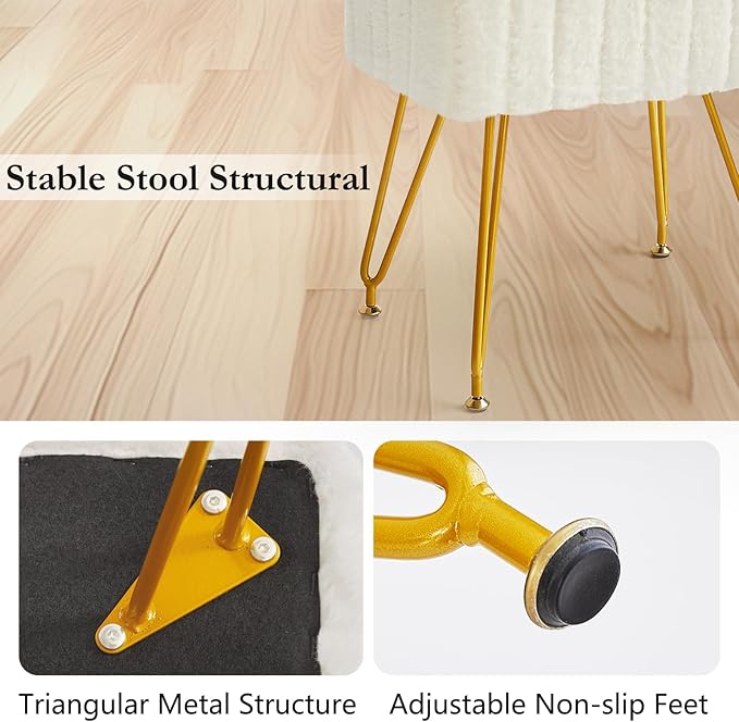Rectangular Vanity Stool, Faux Fur Makeup Vanity Chair with Golden Metal Legs & Adjustable Feet, Soft Padded Seat Ottoman Foot Stool for Bedroom, Living Room