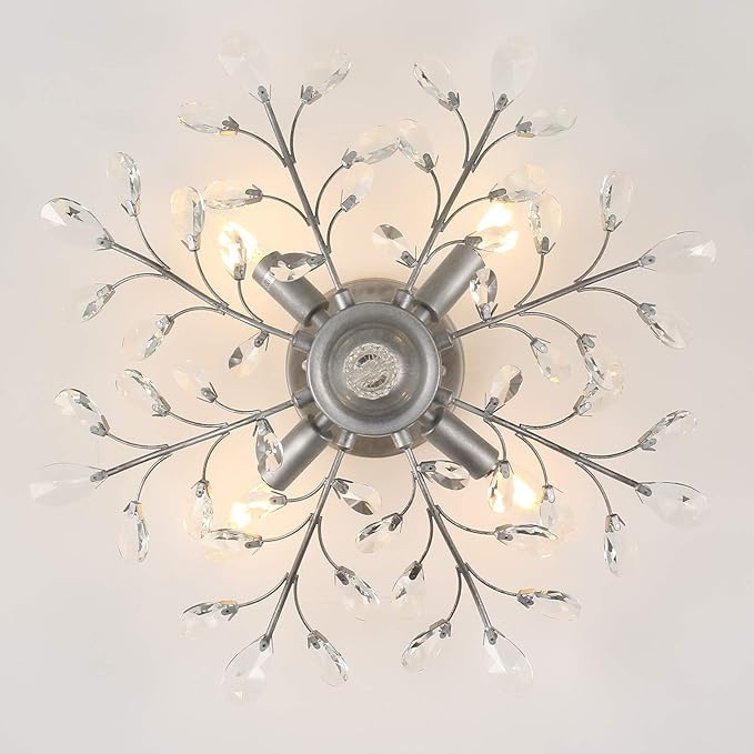 SEOL-Light 24.5" Dia 4-Light Frozen Crystal Branch Close to Ceiling Light Silvery Grey Flush Mount Fixture,E12,160W, Chandeliers for Bedroom,Living Room,Entryway;
