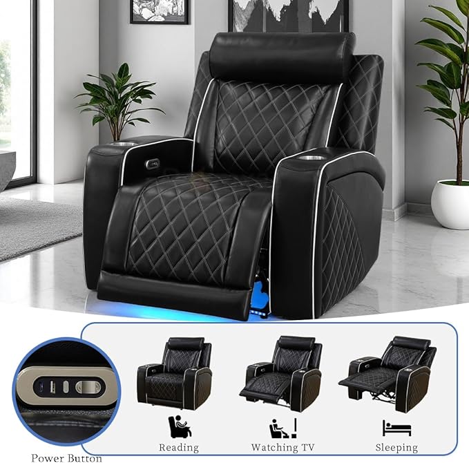 Living Room Sofa Sets, Breathing Leather Power Recliner Chair, Black Leather Reclining Sofa Couch Chair for Living Room, Single Recliner with Storage Armrests/USB Port/LED for Office/Home Theater