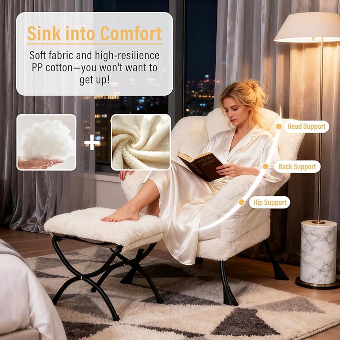 Lazy Chair with Ottoman, Modern Chair with Folding Footrest, Plush Beige Accent Chair, Comfortable Reading Chair, Oversized Armchairs for Bedroom, Study, Living Room, Courtyard