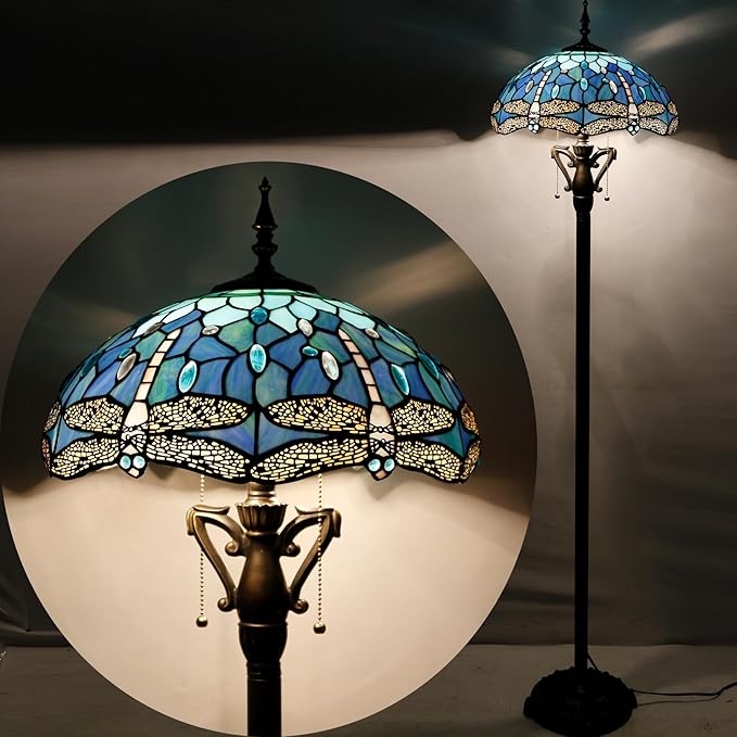 Tiffany Floor Lamp Blue Dragonfly Stained Glass Standing Reading Light 16X16X64 Inches Antique Pole Corner Lamp Decor Bedroom Living Room