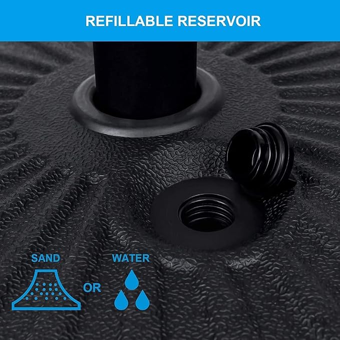 Simple Deluxe 7.5' Patio Umbrella with 20 Inch 50lbs Capacity Fillable Round Base, 6 Sturdy Ribs with Push Button Tilt/Crank for Garden, Deck, Backyard, Pool, Blue and Black