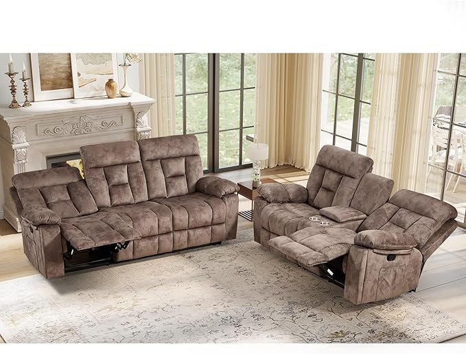 EBELLO 2 Pieces Recliner Sofa Couch Furniture Set, Overstuffed Reclining Loveseat Recliner Couch and Wide 3PC Bonded Sofa Set for Living Room, Brown