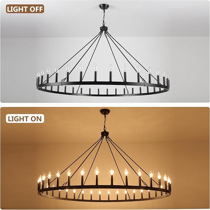 Black Extra Large Wagon Wheel Chandelier, 60 inch 36 Lights Farmhouse Chandelier, Industrial Candle Round Pendant Light Fixture for High Ceiling Living Room Dining Room Outdoor Porch Entryway Hallway