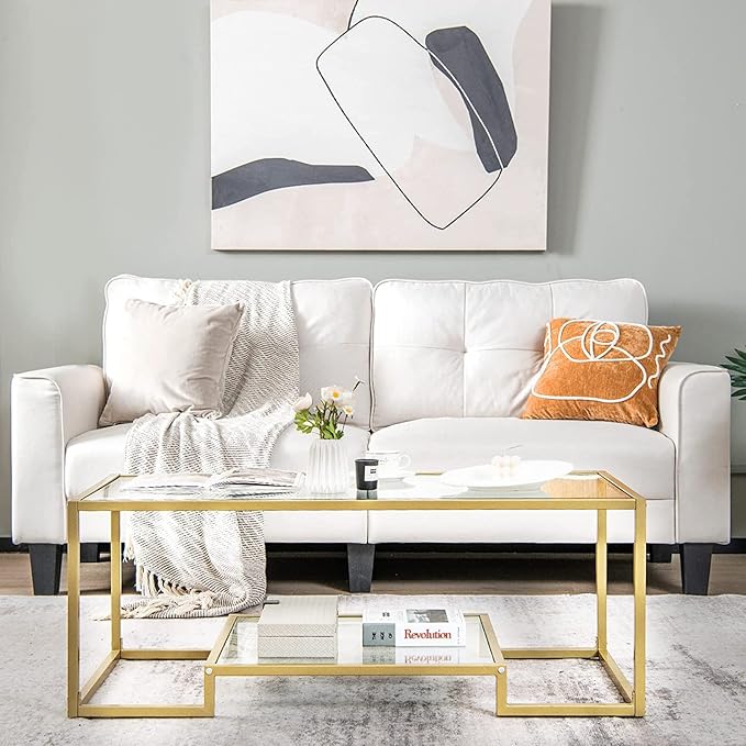 NAFORT Tempered Glass Coffee Table, 45 Inch Gold Rectangular Modern Center Table with Lower Storage Shelf