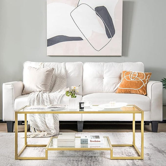 NAFORT Tempered Glass Coffee Table, 45 Inch Gold Rectangular Modern Center Table with Lower Storage Shelf