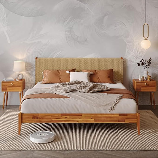 Bme Selina King Size Bed Frame, Handwoven Paper Cord Headboard, US Patent Pending Design, Mid-Century Modern, Solid Acacia Wood, No Box Spring Needed, Supports up to 800 lbs, Easy Assembly, Caramel