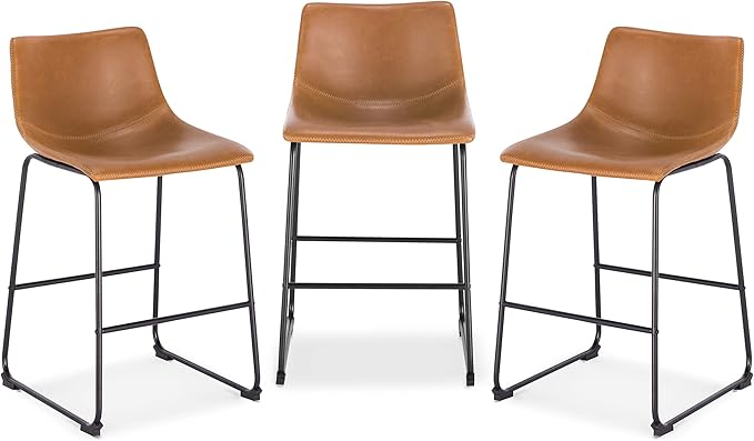 POLY & BARK Brinley Counter Stool Set of 3, Modern Armless Counter-Height Stools with Gently Curved Backrest and Wood Legs, Tan Faux Leather, for Kitchen Island or Breakfast Bar, 24" seat height