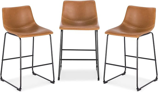 POLY & BARK Brinley Counter Stool Set of 3, Modern Armless Counter-Height Stools with Gently Curved Backrest and Wood Legs, Tan Faux Leather, for Kitchen Island or Breakfast Bar, 24" seat height