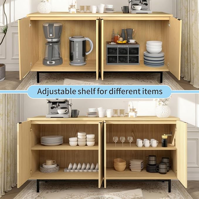 MUUEGM Buffet Cabinet with Storage, 58" Fluted Sideboard Kitchen Storage Cabinets with Shelves and 4 Doors, Modern Wood buffets & Sideboards for Dinging Room, Living Room, Natural Storage Cabinet