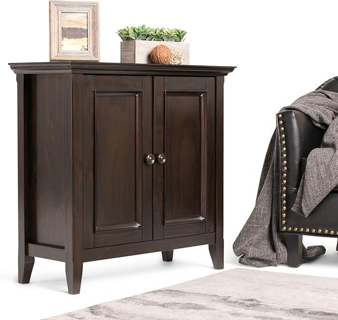 SIMPLIHOME Amherst 32-inch Wide Solid Wood Transitional-Style Low Storage Cabinet in Hickory Brown for Living Room, Entryway, or Dining Area with Adjustable Shelves