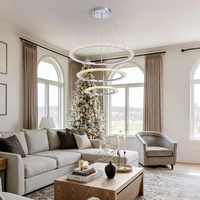 Modern LED Chandelier 𝐃𝟑𝟏.𝟓" 3 Ring Crystal Chandeliers for Dining Room Ceiling Lighting Fixture Adjustable Height Round Pendant Lights Silver Ring Chandelier for Living Room Bedroom
