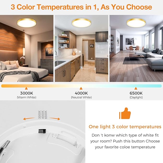 slochi LED Flush Mount Ceiling Light Fixture, 3000K-4000K-6500K & 100W Equivalent Modern Kitchen Recessed Ceiling Lamp 24W 3200Lm 12 Inch Closet Round Surface for Bathroom Laundry-Gold