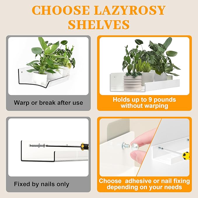 Floating Shelves – Acrylic/PET Wall-Mounted No Drill Storage with Adhesive, Invisible Bathroom & Bedroom Shelving for Kitchen, Living Room, Transparent Decor (White, 2-Piece Set)