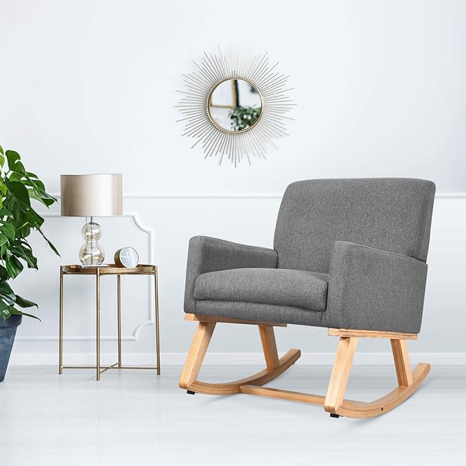 Giantex Upholstered Rocking Chair with Fabric Padded Seat and Solid Wood Base, Comfortable Rocker for Living Room, Bedroom, Study Room, Office Rocking Armchair (Gray)