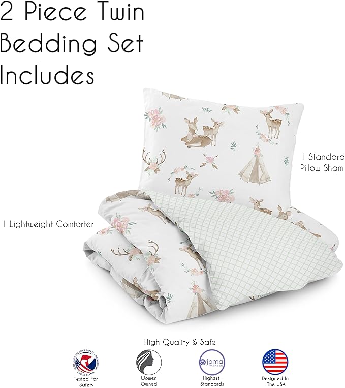 Sweet Jojo Designs 2-Piece Twin Comforter Set (Woodland Deer Floral) for Girls, Children, Kids Bedding, Bed in a Bag incl. Blanket & Pillow Sham (Boho, Watercolor, Bohemian, Shabby Chic, Pink & Green)
