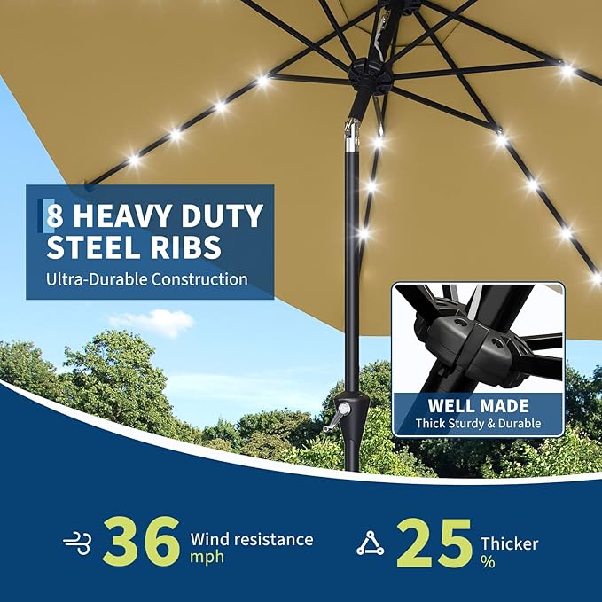 Garvee 10FT Solar Patio Umbrella with 32 LED Lights - Outdoor Table Umbrella with Crank Lift, Push Button Tilt and 8 Sturdy Ribs - Market Umbrella UV Protection for Pool, Deck, Yard, Garden -Tan