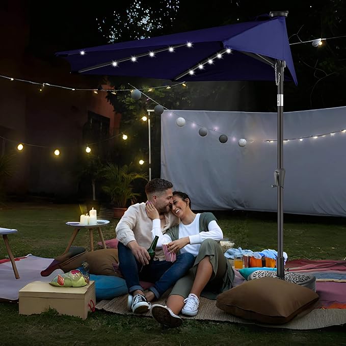 9ft Solar Half Umbrellas Outdoor - LED Half Patio Umbrella with 25 Lights, UV Protection Waterprool, Half Round Umbrella for Wall Balcony, Pool, Porch, Garden, Deck, Backyard, Navy Blue