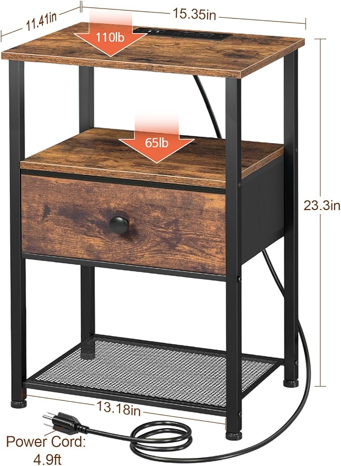 Night Stand Set 2, Nightstand with Charging Station, End Tables Living Room with Fabric Drawer for Small Spaces, Bed Side Tables with Storage Shelf for Bedroom, Rustic Brown HETS010PBR