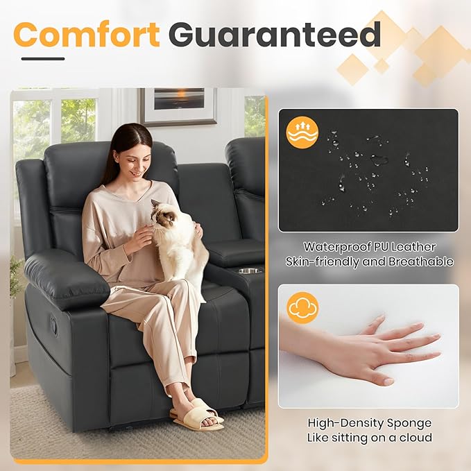 Reclining Loveseat Recliner Sofa with Massage & Heating, Reclining Loveseat with Console, RV Wall Hugger Double Loveseat Recliner Couch for Living Room & Home Theater (Grey)
