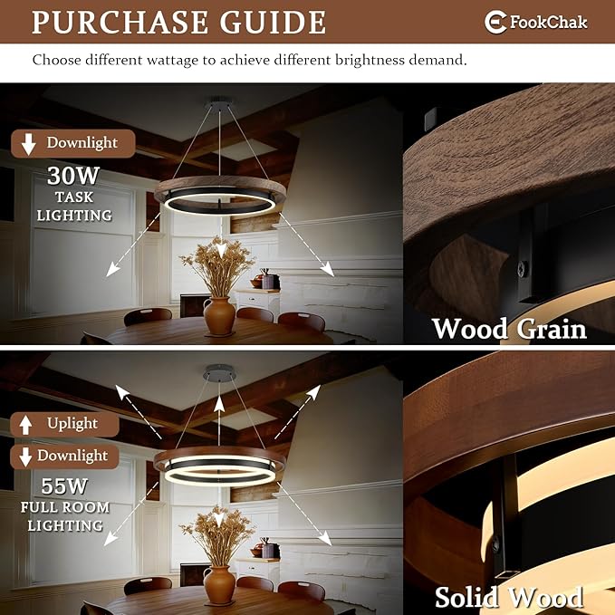 LED Ring Chandelier 24in Solid Walnut Wood Chandeliers Dimmable Black Chandeliers Modern Round Chandelier Light for Living Room Dining Room Kitchen Island Bedroom Entry