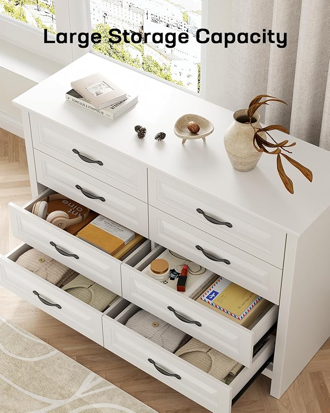 Marsail 8-Drawer Farmhouse Dresser, Solid Wood Storage Space, Sturdy Wide Chest with Smooth Glide Drawers & Anti-Slip Kit, for Bedroom or Hallway, White