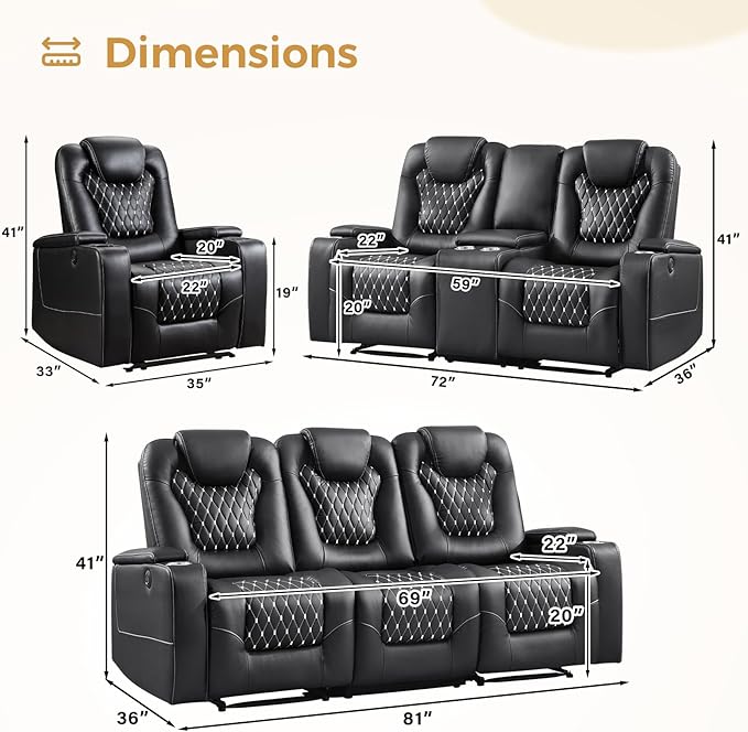 ANJ Living Room Furniture Sets,Power Upholstered 3 Seat Recliner Sofa & Loveseat & Recliner Chair with USB Ports and Cup Holders - PU Leather Reclining Couch with Hidden Arm Storage(Black)