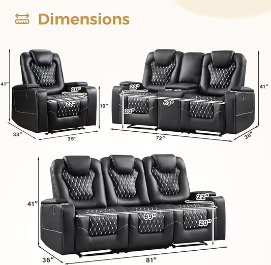 ANJ Living Room Furniture Sets,Power Upholstered 3 Seat Recliner Sofa & Loveseat & Recliner Chair with USB Ports and Cup Holders - PU Leather Reclining Couch with Hidden Arm Storage(Black)